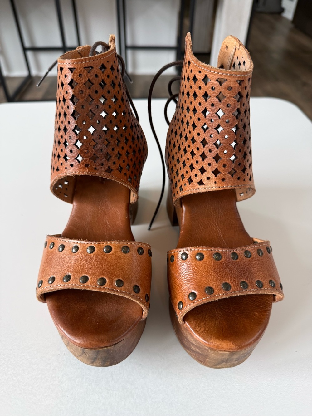 BED|STU Tan Leather Laser-Cut Studded Platform Sandals